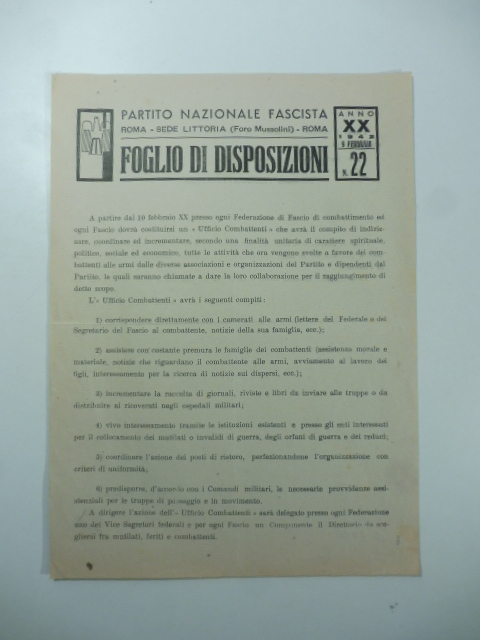 Partito nazionale fascista. Foglio di disposizioni, anno XX, 1942